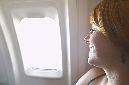 女人,向外看,飞机,窗户