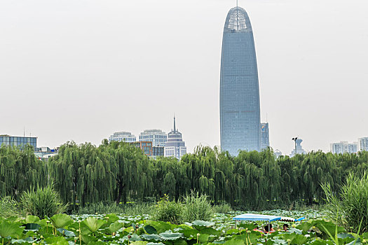 济南市地标建筑前的大明湖公园风光