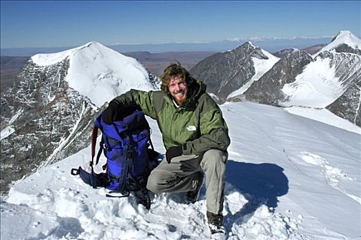 登山者,背包,积雪,顶峰,蒙古人,阿尔泰,靠近,乌布苏,蒙古