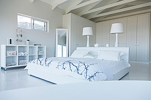 现代,白色,卧室,室内,双人床