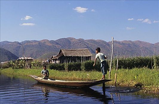 缅甸,茵莱湖,孩子,长,船,家,山峦,背景