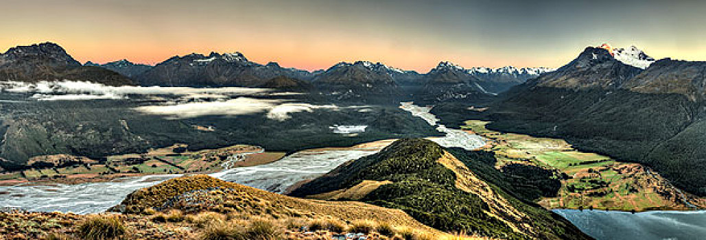 黎明,俯视,河谷,高处,钻石湖,奥塔哥,新西兰
