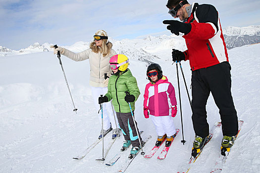 家庭,四个,滑雪,一起,冬天
