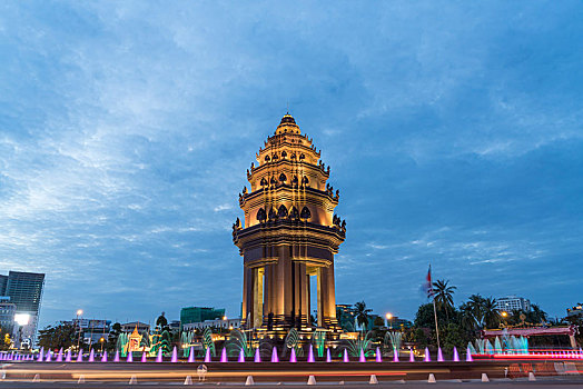 独立纪念碑,黃昏,金边,省,柬埔寨,亚洲