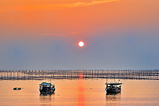 福建霞浦,海,渔船,海滩,晚霞