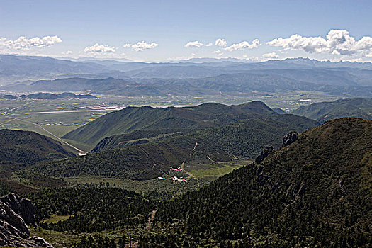 全景,城镇,香格里拉,雪,山,蓝色,月亮,山谷,中国