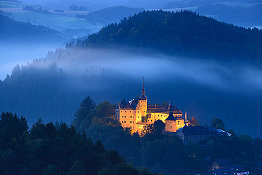 城堡,黎明,晨雾,上弗兰科尼亚,巴伐利亚,德国,欧洲
