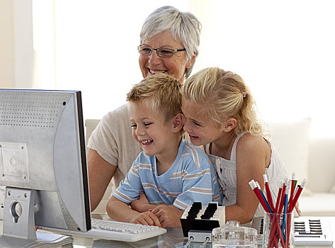 孩子,电脑,祖母