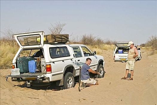 破损,四驱车,深,沙子,途中,博茨瓦纳,非洲
