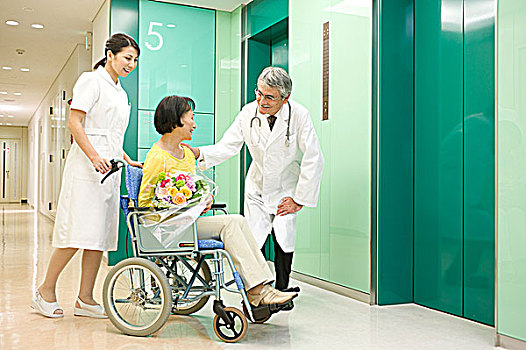 医生,护理,老太太,轮椅,拿着,花,医院,走廊