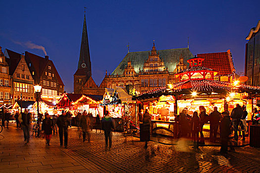 老市政厅,圣诞市场,市场,黄昏,不莱梅,德国,欧洲
