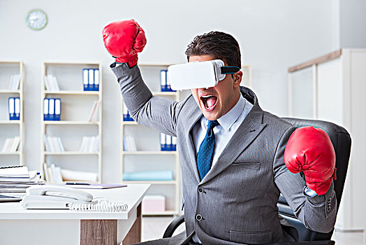 男人,拳击,办公室,虚拟现实,护目镜