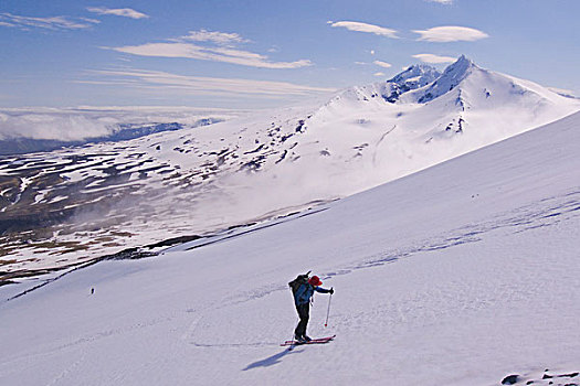 两个,滑雪,登山者,攀登,山,阿留申群岛,远景