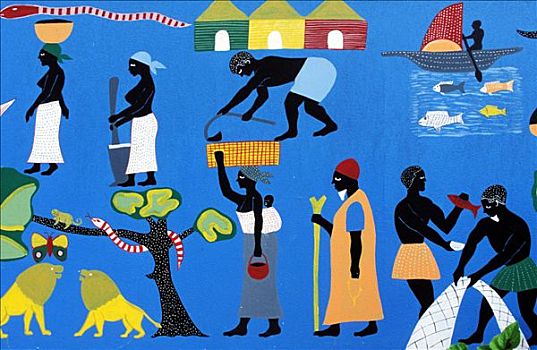 塞内加尔,壁画,日常生活,卡萨芒斯