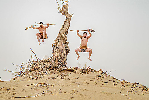新疆,沙漠,枯树,男人,形体,姿式,跳跃
