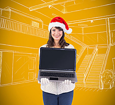 微笑,黑发,圣诞帽,展示,笔记本电脑