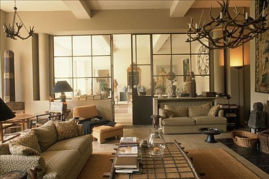 客厅,沙发,茶几,木质,亮光,蜡烛,后面,玻璃,分隔