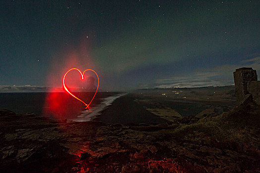 冰岛,涂绘,红色,心形,夜晚,北极光,星空,火山,背景