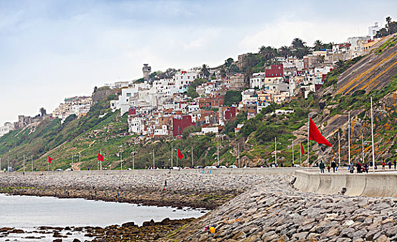 沿岸,街道,全景,旗帜,丹吉尔,摩洛哥