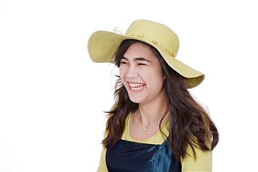 微笑,少女,绿色,连衣裙,柠檬,帽子