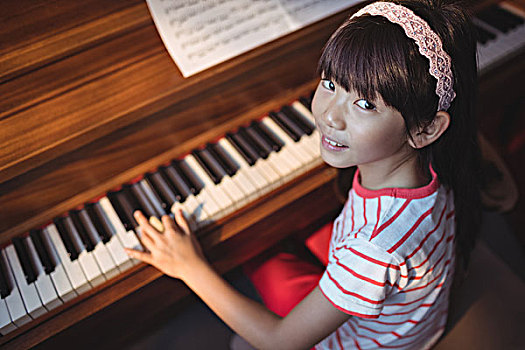 俯拍,女孩,头像,练习,钢琴,教室,音乐,学校