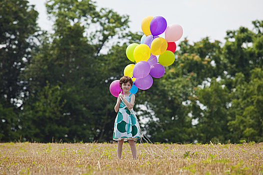 女孩,肖像,站立,地点,束,彩色,气球