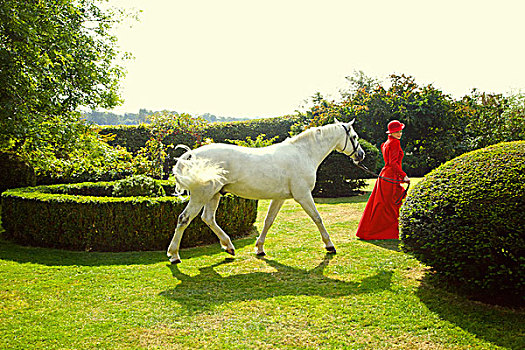 女人,红色,骑马,装束,走,花园,马