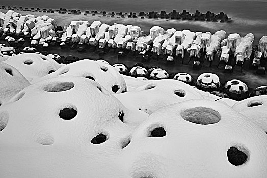 积雪,浪花,岩石,海滩,冬天