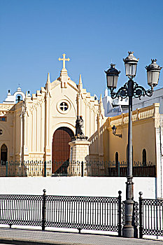 正面,教堂建筑,十字架,顶峰,屋顶,安达卢西亚,西班牙