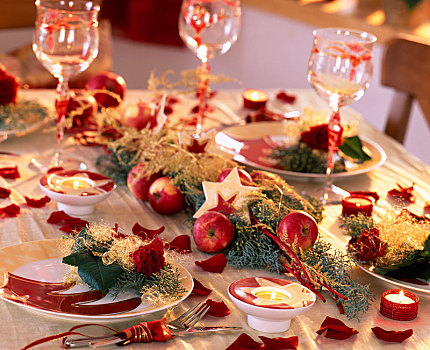 圣诞桌,装饰,玫瑰,苹果,星