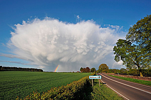 积云,风暴,云,彩虹,上方,农田,乡野,道路,坎布里亚,英格兰,英国,欧洲