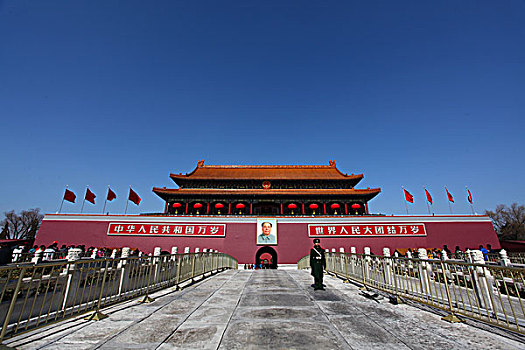 天安门,故宫,石狮子,中国,北京,天安门广场,五星红旗,华表,全景,地标,传统,蓝天