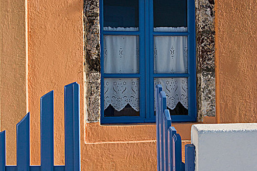 希腊,锡拉岛,打开,蓝色,大门,窗户,橙色,墙壁
