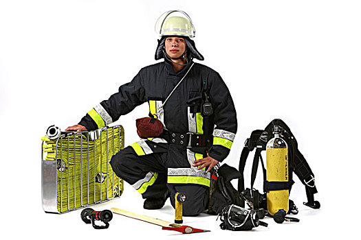 消防员,局部,消防,防护,衣服,头盔,帽舌,斧子,呼吸,设备,无线电,软管,喷嘴,拿,篮子,安全