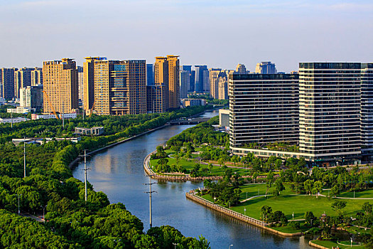 鄞州,东部新城,宁波东部新城,俯瞰,俯视,全景,高楼,城市,建筑,水面,桥,繁华,现代,航运中心,天空