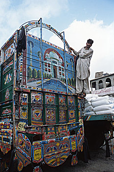 后面,卡车,一个,图像,泰姬陵,清真寺,框架,特写,工作,英雄,家,乡村,卡拉奇,巴基斯坦,2005年,巴基斯坦人