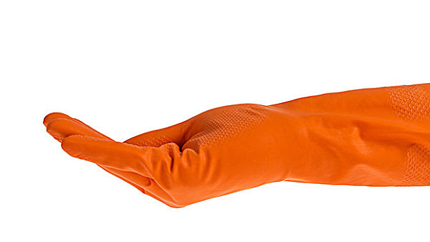 牵手,橡胶手套,橙色,拿着,隔绝,白色背景