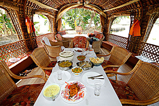 就餐,桌子,奢华,船屋,运河,喀拉拉,印度,亚洲