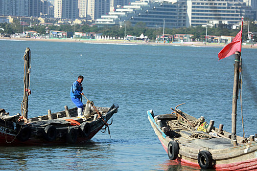 山东省日照市,渔船插满国旗,渔民整理渔具驾船出海