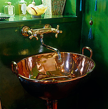 19世纪,铜,盆,橘子果酱,盥洗池,绿色,漆器,浴室