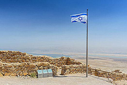 旗帜,以色列,蓝色,大卫之星,风景,死海,约旦,上面,马萨达
