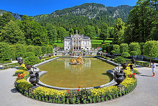 花园,花坛,南,风景,城堡,林德霍夫堡,市区,艾塔,阿尔卑斯山,上巴伐利亚,巴伐利亚,德国,欧洲