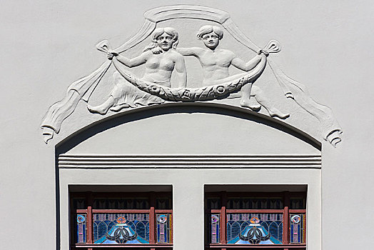 浮雕,窗户,连栋房屋,新艺术,修威林,梅克伦堡前波莫瑞州,德国,欧洲