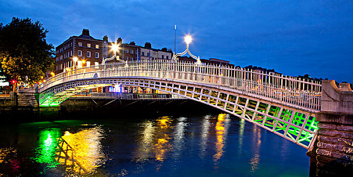 利菲河,桥,夜晚,都柏林,爱尔兰,欧洲