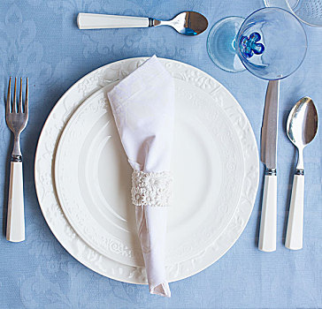 餐具,盘子,杯子,蓝色背景,桌布,俯视