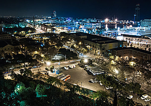 城市,港口,夜晚,巴塞罗那,西班牙