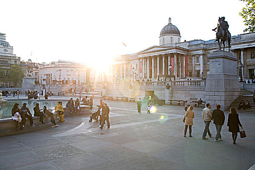 特拉法尔加广场,晚上,亮光,国家美术馆,伦敦,英格兰,英国,欧洲
