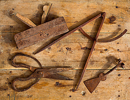 生锈,传统,工具,木头,毛织品,剪刀,绘图圆规,复古