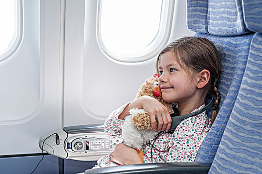 女孩,搂抱,毛绒玩具,飞机