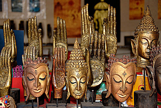 纪念品,面具,佛,脸,手,万象,老挝,东南亚,亚洲